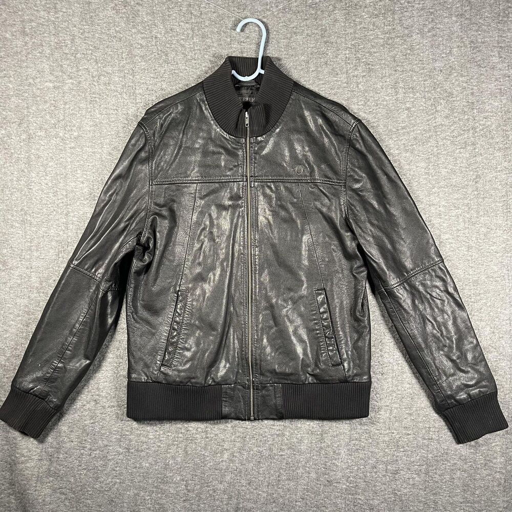 True Religion Jacket Mens Large Black Leather Bomber Ribbed Collar Hem Logo